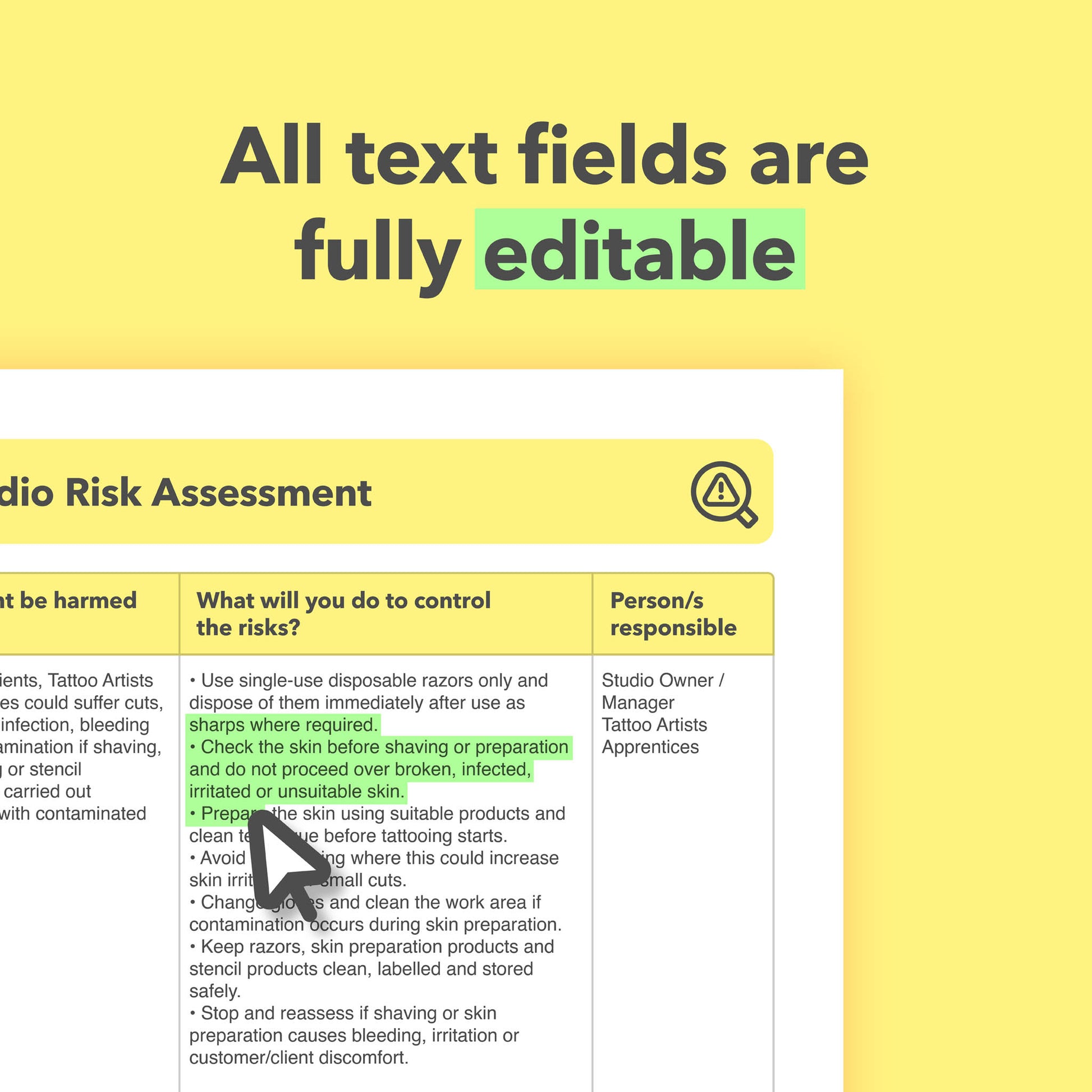 Editable, pre-filled risk assessment template for tattoo studios, tattoo artists, tattoo shops, and parlours, including self-employed tattooists – easy to use for quick health and safety compliance.