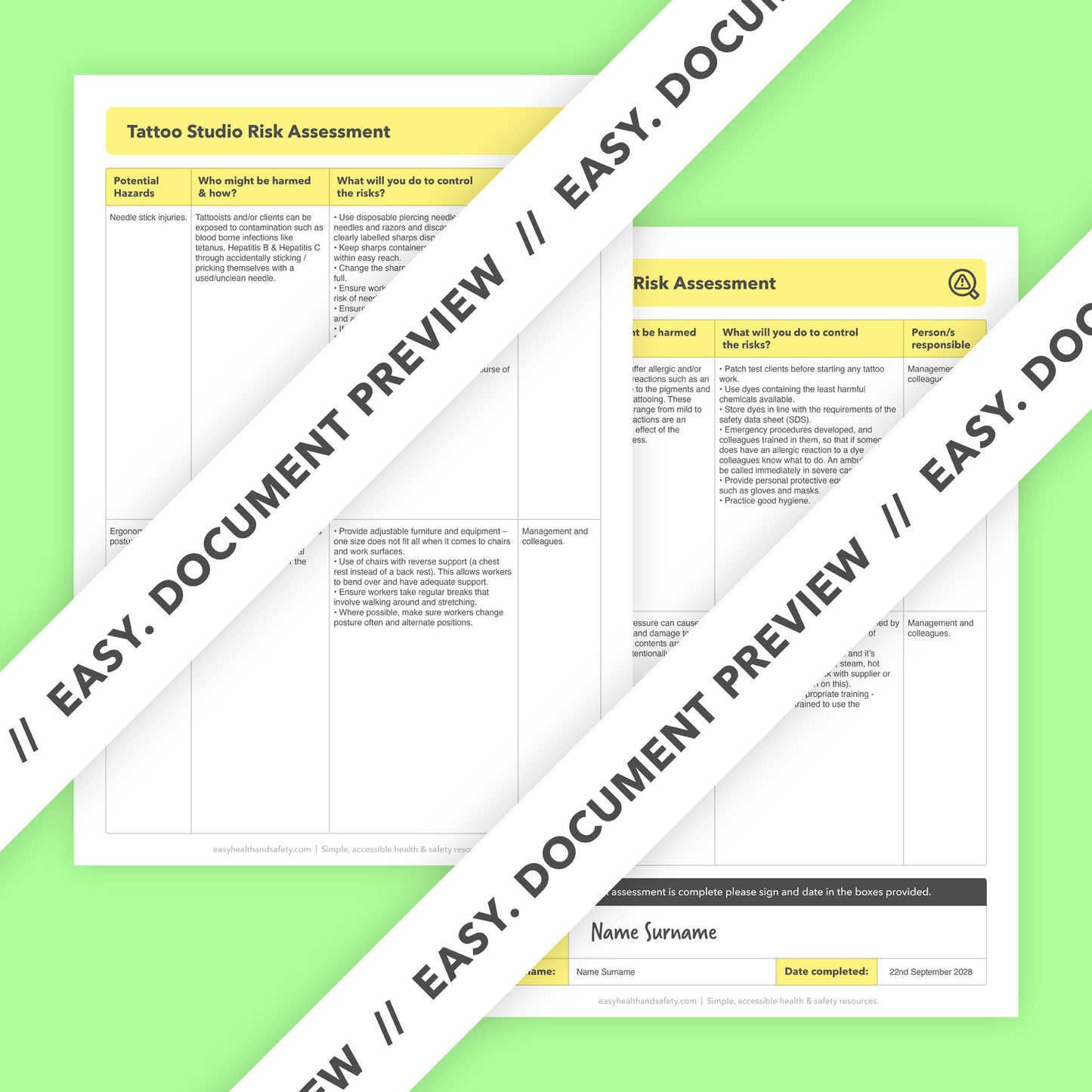 Editable, pre-filled risk assessment template for tattoo studios, tattoo artists, tattoo shops, and parlours, including self-employed tattooists – easy to use for quick health and safety compliance.