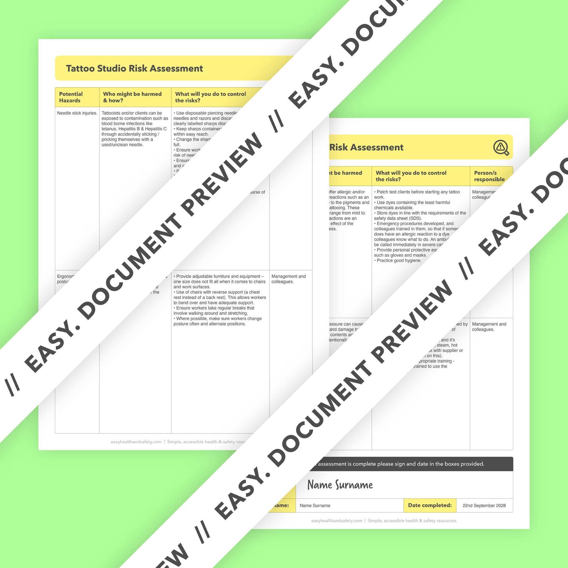Editable, pre-filled risk assessment template for tattoo studios, tattoo artists, tattoo shops, and parlours, including self-employed tattooists – easy to use for quick health and safety compliance.