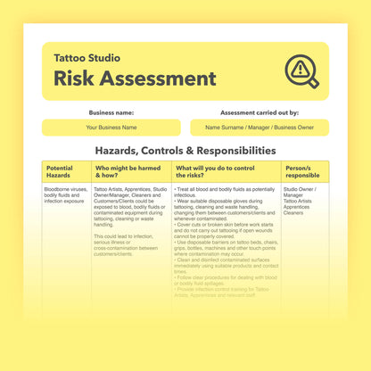 Editable, pre-filled risk assessment template for tattoo studios, tattoo artists, tattoo shops, and parlours, including self-employed tattooists – easy to use for quick health and safety compliance.