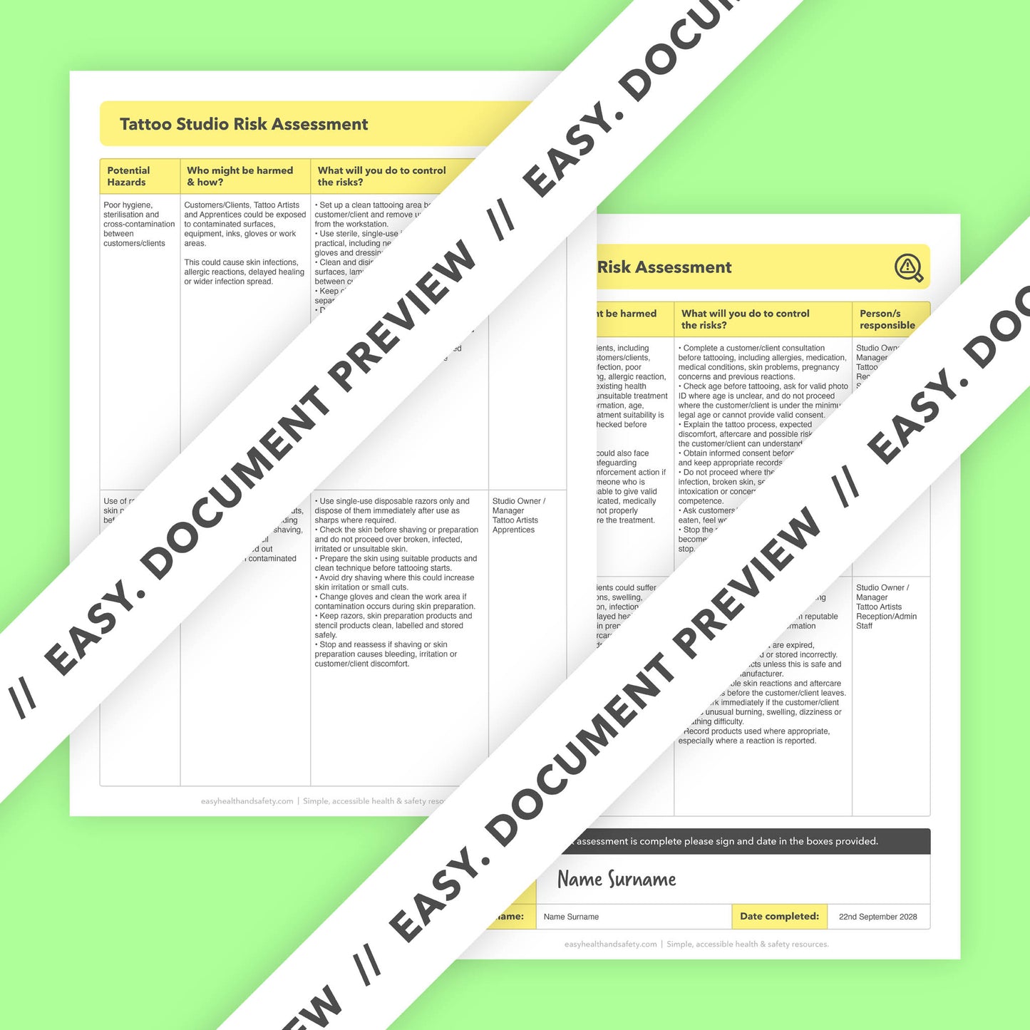 Editable, pre-filled risk assessment template for tattoo studios, tattoo artists, tattoo shops, and parlours, including self-employed tattooists – easy to use for quick health and safety compliance.