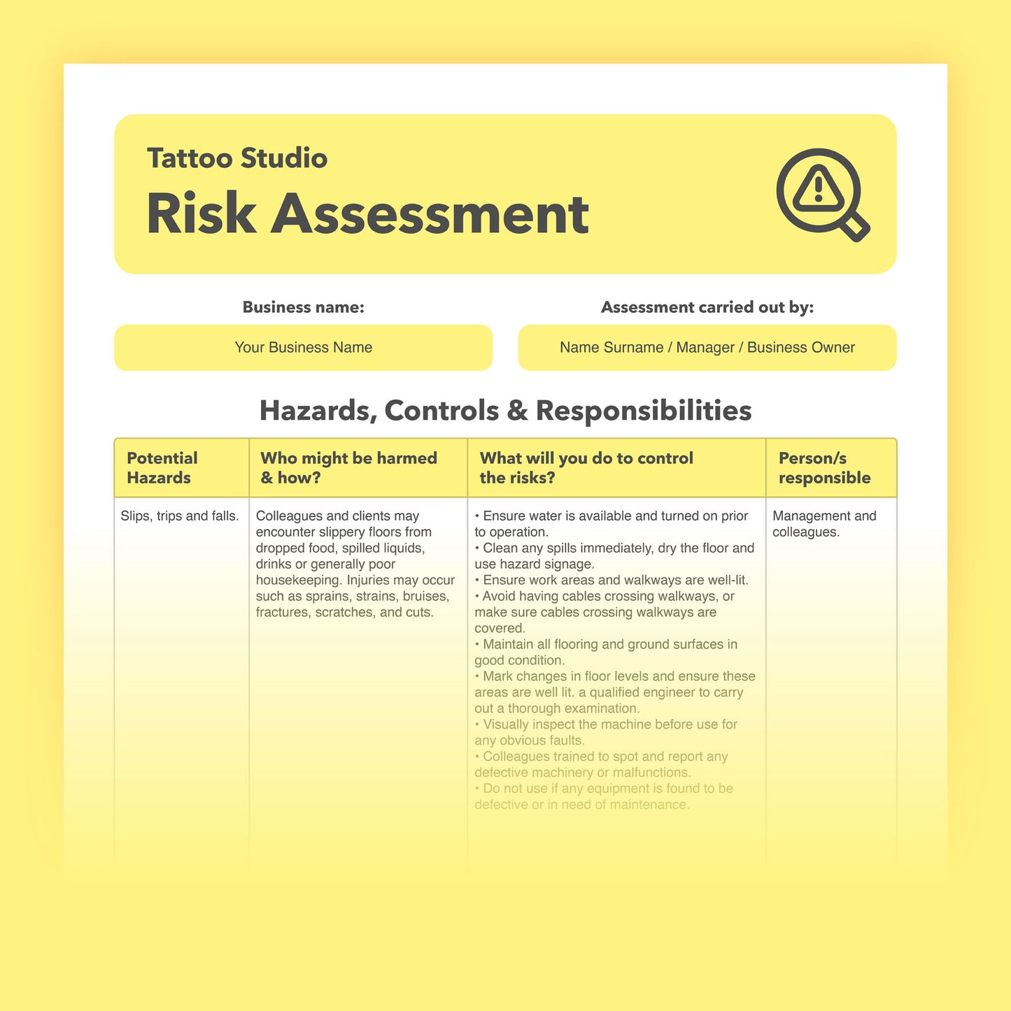 Editable, pre-filled risk assessment template for tattoo studios, tattoo artists, tattoo shops, and parlours, including self-employed tattooists – easy to use for quick health and safety compliance.