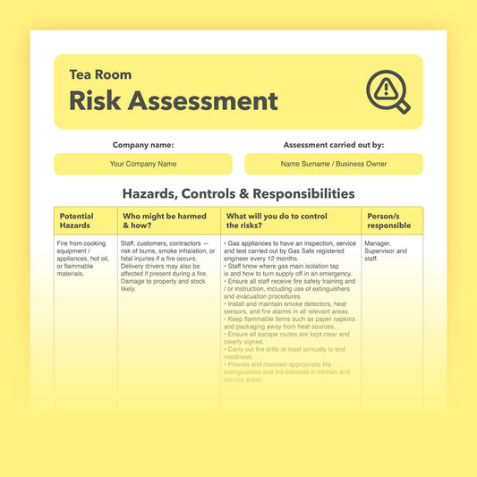Editable, pre-filled risk assessment template for tea room businesses, tea houses and afternoon tea venues – easy to use for quick health and safety compliance.
