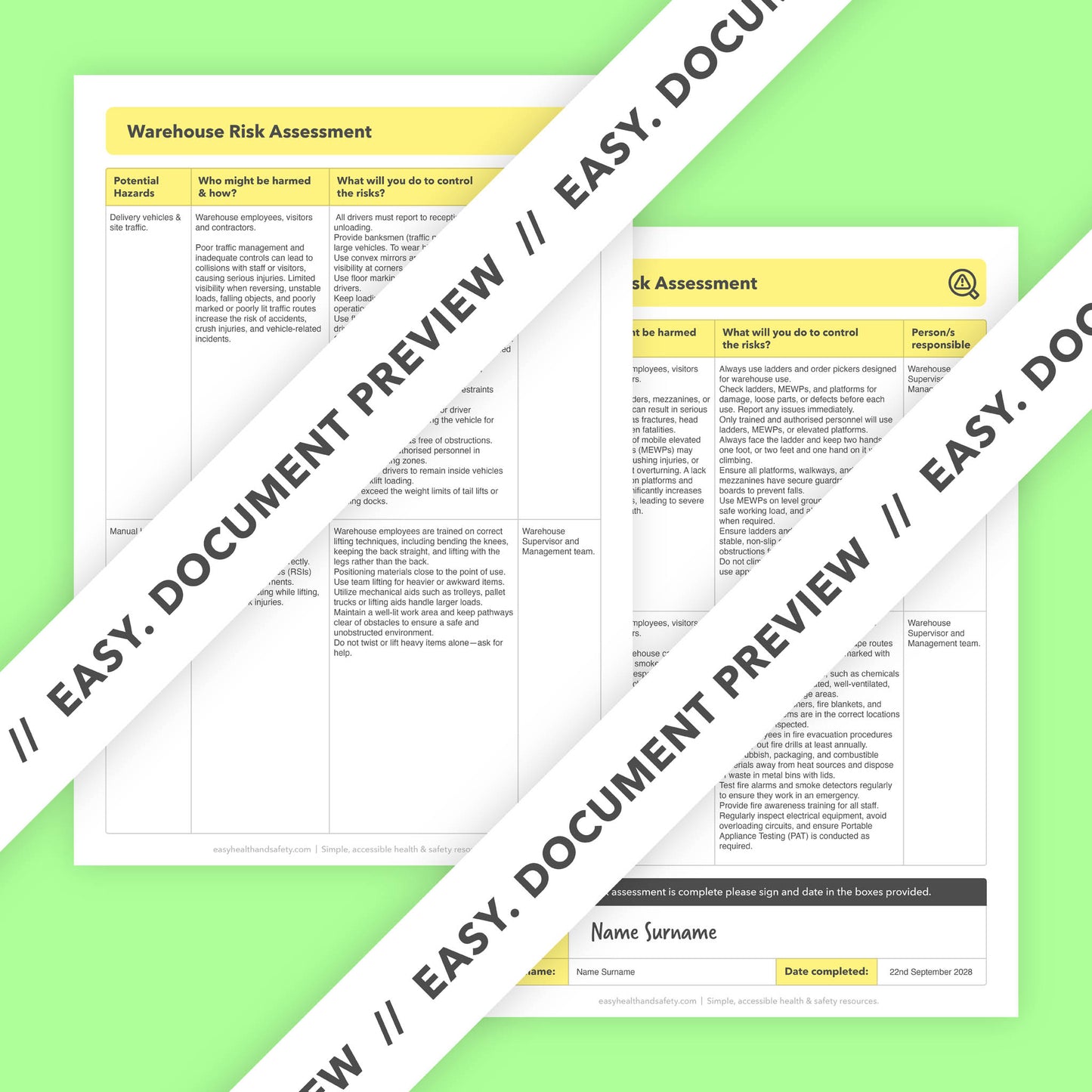 Editable, pre-filled risk assessment template for warehouses, a distribution centres, fulfilment centres, and logistics hubs – easy to use for quick health and safety compliance.