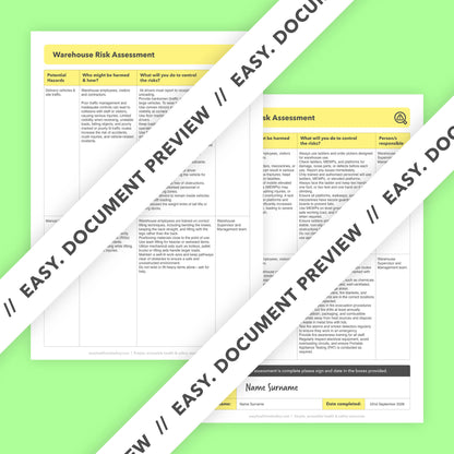 Editable, pre-filled risk assessment template for warehouses, a distribution centres, fulfilment centres, and logistics hubs – easy to use for quick health and safety compliance.