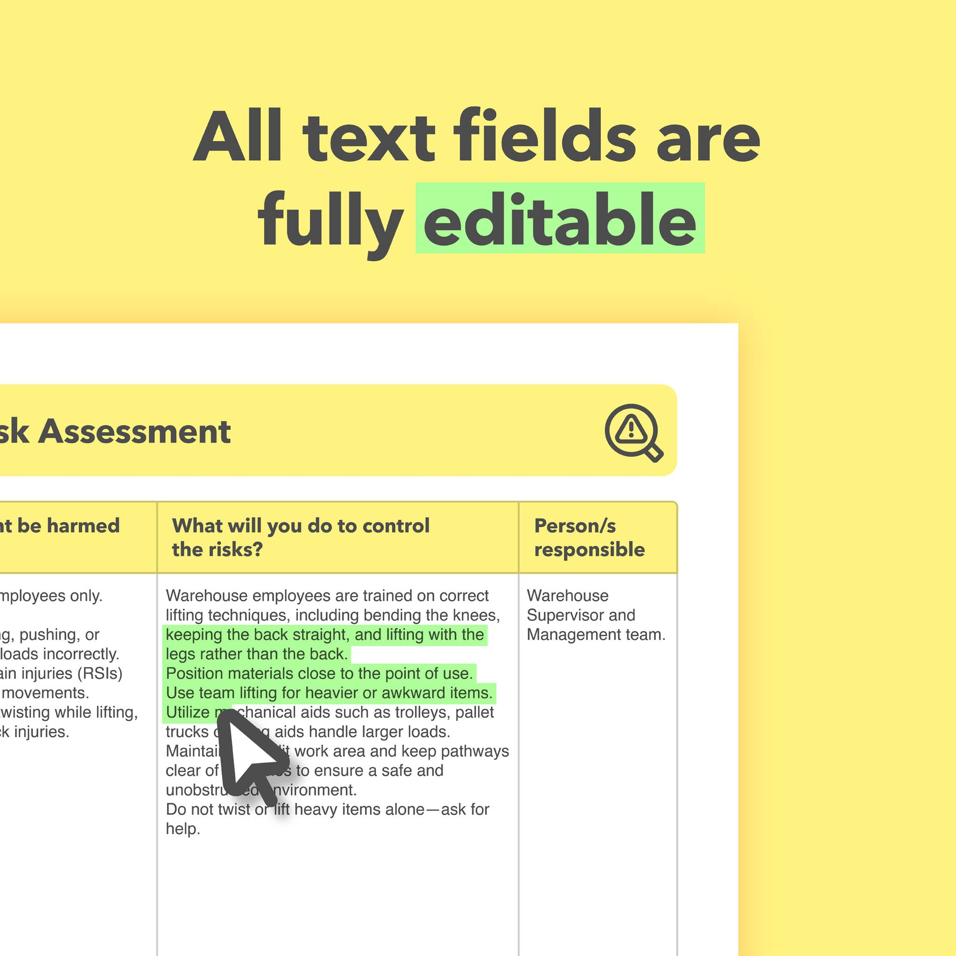 Editable, pre-filled risk assessment template for warehouses, a distribution centres, fulfilment centres, and logistics hubs – easy to use for quick health and safety compliance.