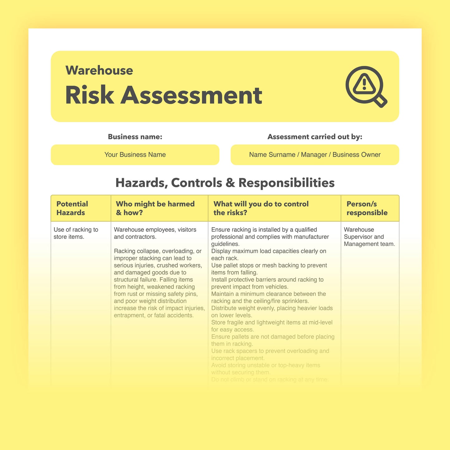 Editable, pre-filled risk assessment template for warehouses, a distribution centres, fulfilment centres, and logistics hubs – easy to use for quick health and safety compliance.
