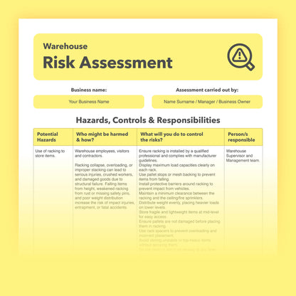 Editable, pre-filled risk assessment template for warehouses, a distribution centres, fulfilment centres, and logistics hubs – easy to use for quick health and safety compliance.